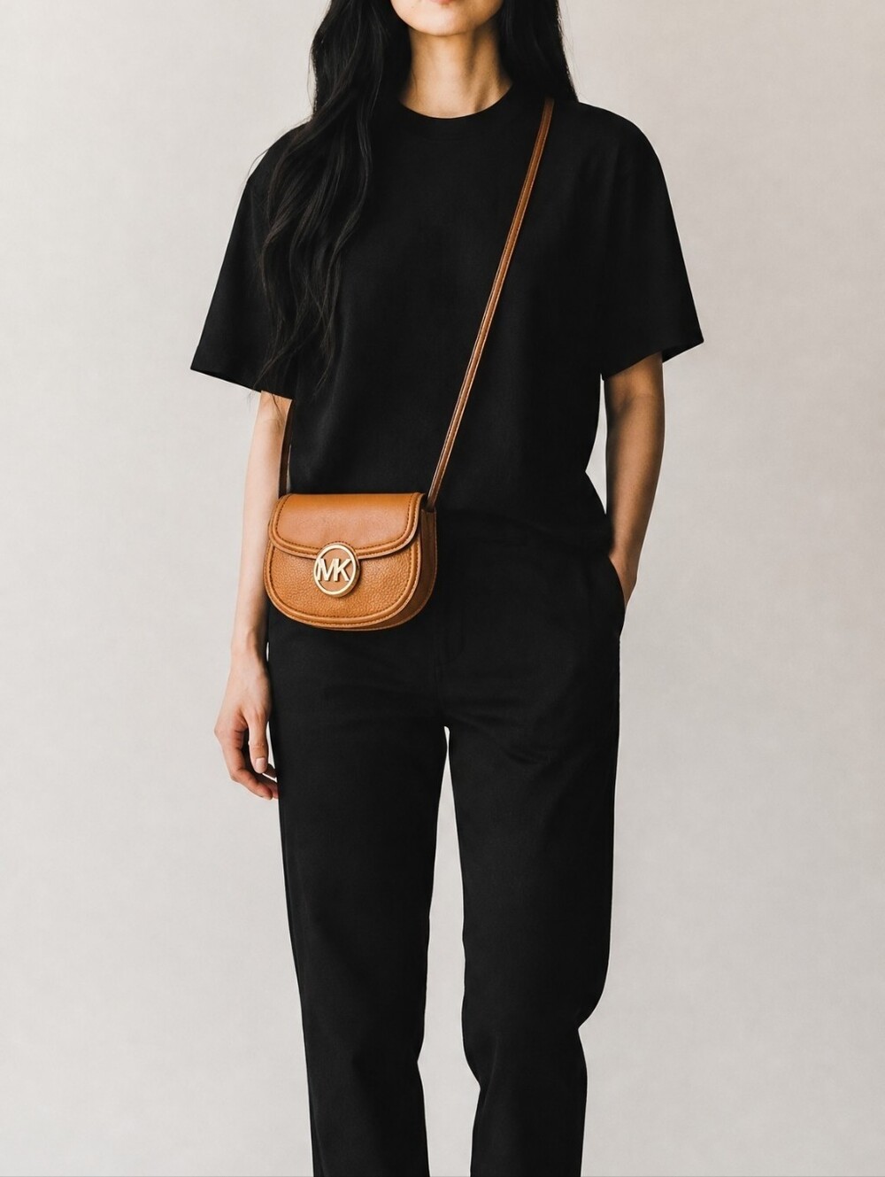 Michael Kors Tan Leather Crossbody Bag - Minimalist Adjustable Strap Purse